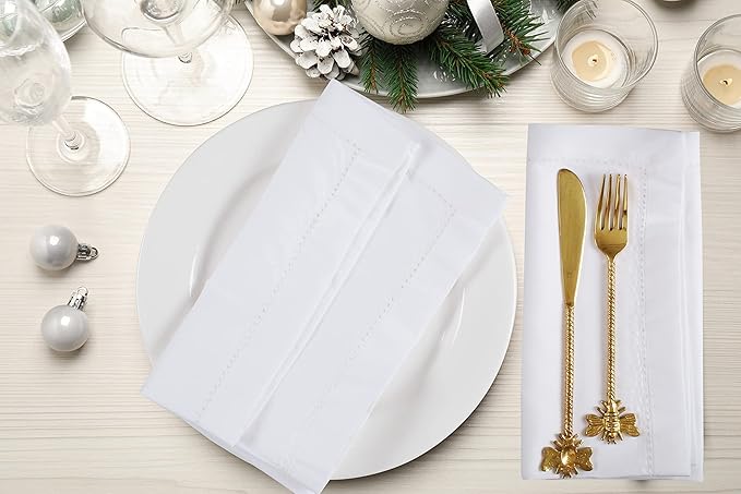 Ramanta Home Set of 12 Polyester Cloth Napkins 20x20 Inches - Hemstitched Washable Dinner Napkins for Weddings, Thanksgiving, Hotel - Soft Durable Table Linen for Parties or Everyday Use - White
