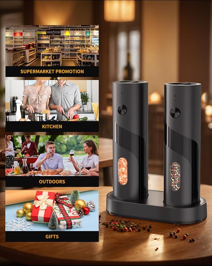 CIRCLE JOY Electric Rechargeable Salt and Pepper Grinder Set Top-Refill Automatic Pepper Mill Grinder with Charging Base, Adjustable Coarseness, Easy Filling Larger Capacity with Led for Home Kitchen