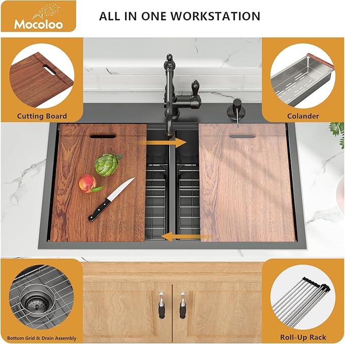 Mocoloo Black Drop In Kitchen Sink - 50/50 Black Drop In Double Bowl NANO-PVD 16 Gauge Stainless Steel Topmount Kitchen Sinks Handmade, 33''x22''x10''