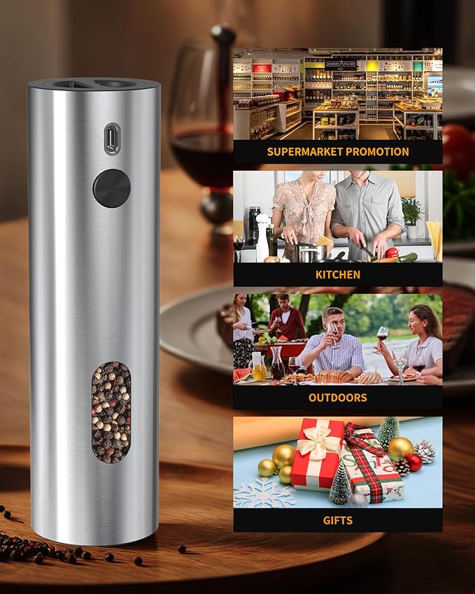 CIRCLE JOY Rechargeable Electric Pepper Grinder, Automatic Stainless Steel Pepper Mill Grinder with 110ml Container, Adjustable Coarseness and White LED Light, Silver