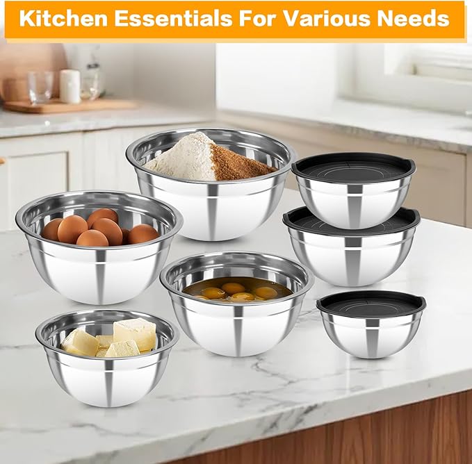 7 Piece Stainless Steel Mixing Bowls with Lids Set, Metal Mixing Bowls Nesting Design Salad Bowl for Kitchen Cooking, Baking, Prepping and Serving Food (Size 0.7, 1.1, 1.5, 2.1, 3.5, 4, 4.5QT)
