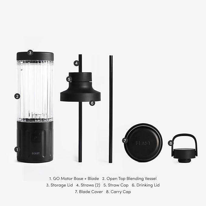 Beast GO Cordless, Premium Portable Blender for Shakes & Smoothies, 22oz Blending Vessel, Blends Ice & Frozen Fruit, Rechargeable USB-C Battery, Drinking Lid and Straw System (Carbon Black)