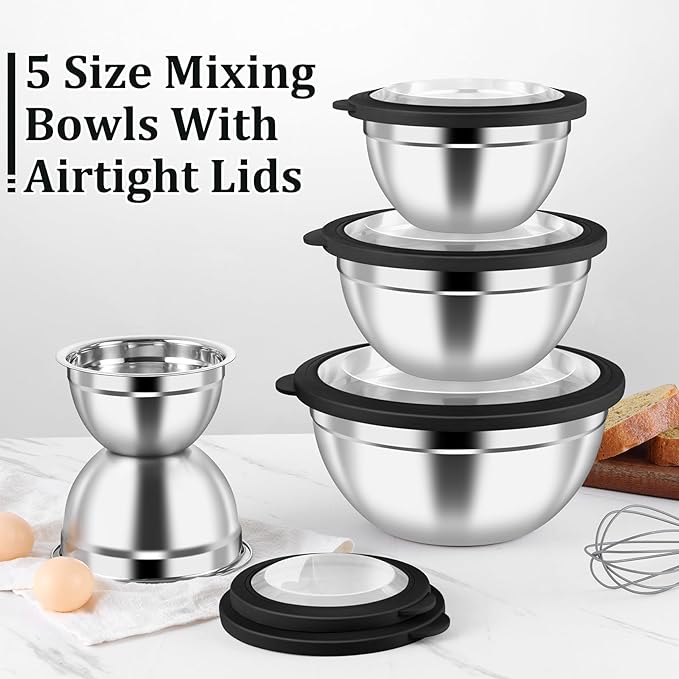 P&P CHEF Mixing Bowls with Visible Airtight Lids Set of 5, 10-Piece Stainless Steel Mixing Nesting Bowl, Metal Bowl with Lid for Kitchen Prepping & Storing, Size 4.6, 3, 1.5, 1, 0.7 QT, Black