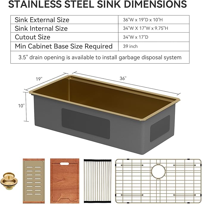 Lordear Gold Undermount Kitchen Sink 36" x 19" Stainless Steel Sinks 16 Gauge Single Bowl Ledge Workstation Handmade Under Counter Kitchen Sink Basin with Built-In Accessories