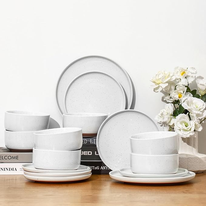 GZG Modern Art Series - 6 Pcs Speckled Stoneware Plates and Bowls Sets, Ceramic Dinnerware Set with Rustic Terracotta Underside, Microwave and Dishwasher Safe Handcrafted Dishes Set - Porcelain White