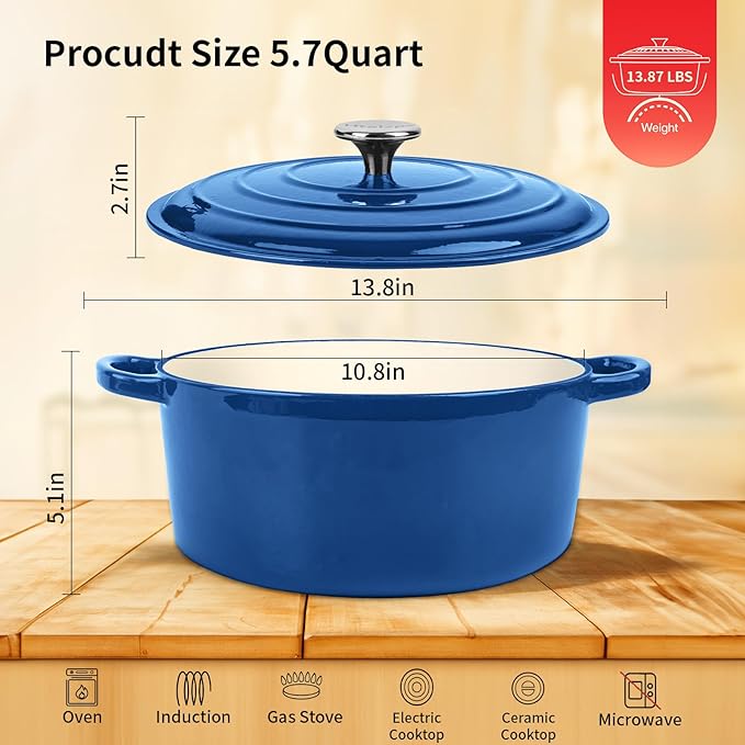 Enameled Cast Iron Dutch Oven Pot with Lid, 5.7 Quart Dutch Oven for Bread Baking, Oven Safe up to 500° F, Suitable for Bread Baking, Braising, Roasting, Stews, Blue