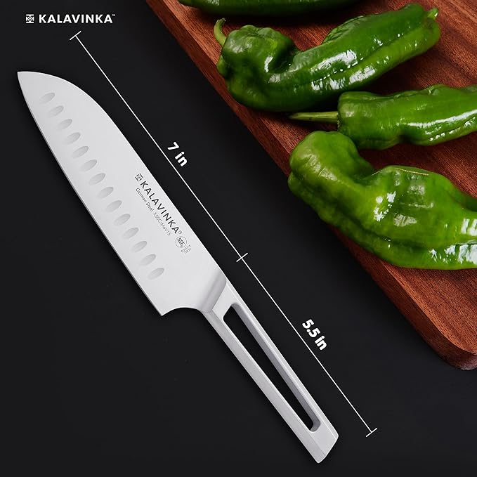 7" Professional Santoku Knife, Ultra Sharp German Steel Blade, Balanced Grip, Ideal for Chopping and Mincing, Gifted Sheath, Great for Cookouts (VENDANA)