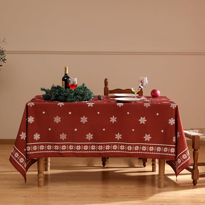 Christmas Tablecloth for Rectangular Tables,Linen Table Cloth with Red Background and White Snowflakes Pattern,Heavy Durable Table Cover for Dining Kitchen Party Christmas,63"*94"