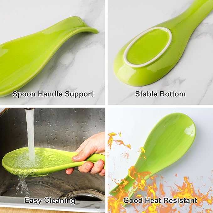 Hasense Spoon Rest for Stove Top, Large Ceramic Spoon Holder for Kitchen Counter, Cooking Utensil Rest for Spatula Ladle Spoon and Tong, Kitchen Spoon Rest for Home and Coffee Bar Accessories, Green