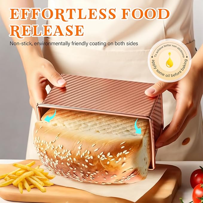 Pullman Loaf Pan Set with Lids – 2 Pack Nonstick Bread Pans for Baking, 2.2lb & 1lb Dough Capacity, Carbon Steel Sandwich Toast Mold for Shokupan, Pain de Mie & Sourdough with Baking Tools