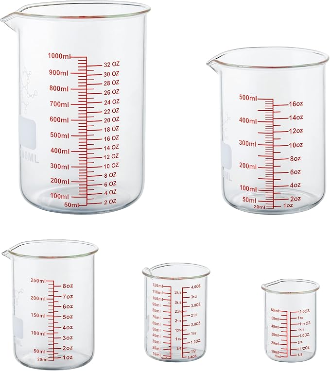 High Borosilicate Glass Measuring Cup Set-V-Shaped Spout,Includes 60ml(2OZ), 120ml(4OZ), 250ml(8OZ), 500ml(16OZ), and 1000ml (32OZ) for Kitchen or Restaurant, Easy to Read