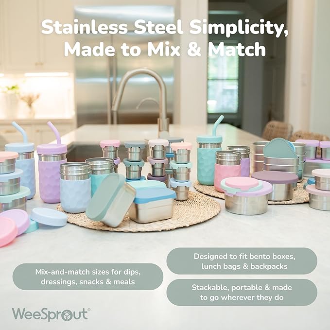 WeeSprout Stainless Steel Dip Containers with Leakproof Silicone Lids - 3 Pack - 2.7 Oz Reusable Snack & Sauce Cups - BPA-Free, Dishwasher & Freezer Safe Bento Box Lunch Boxes & Meal Prep Accessories