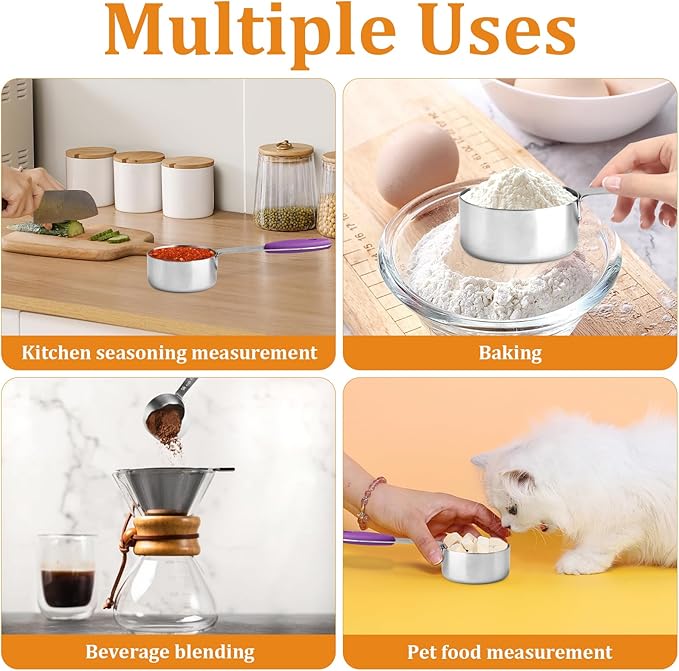 10 Pcs 1/4 Measuring Cup, 2 Oz Stainless Steel Scoop with Silicone Handle, Metal Mini Measuring Scoops Kitchen Gadgets for Cooking Baking,Coffee Bean Pet Food,Ingredients,Purple