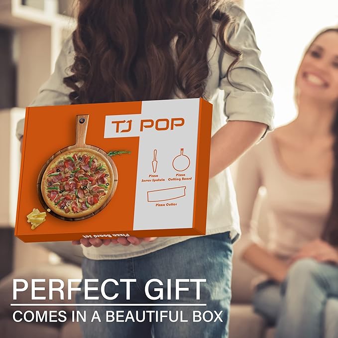 Pizza Peel 12 Inch, Wood Pizza Board with Handle, Round Pizza Paddle with Cutter, Pizza Cutting Board for Cheese Bread Fruit Vegetables, Pizza Accessories Supplies