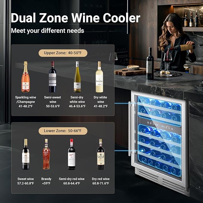 BODEGA 24 Inch Wine Fridge Dual Zone, 46 Bottle, Built-In or Under Counter Freestanding Wine Cooler Refrigerator With Stainless Steel Handle, Wine Cooler With Lock, Energy Efficient,For Home, Kitchen