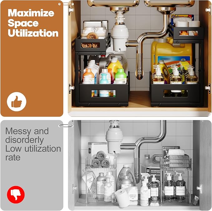 2-Pack 20.47"Deep Under Sink Organizer And Storage,2-Tier L-Shaped Pull Out Cabinet Organizer with Upgraded Slide Rails,Height Adjustable Drawers for Kitchen&Bathroom,Extra-Large Storage Shelves–Black