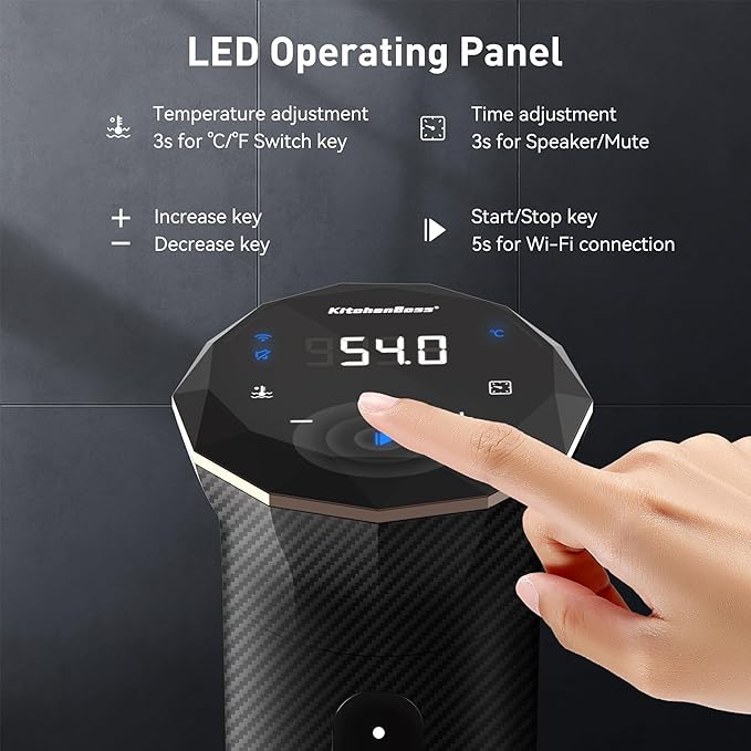 KitchenBoss Wifi Sous Vide Cooker: Ultra-quiet Sous Vide Machine Immersion Circulator APP Control, IPX7 Waterproof All-stainless Steel 1100W Sous Vide Precision Cooker Fast-Heating, Carbon Black