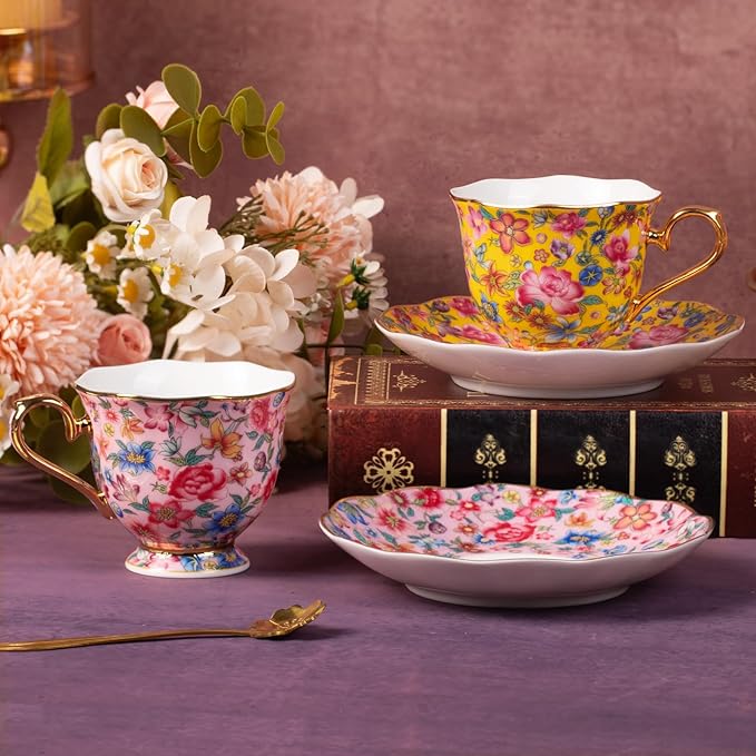 KAMMAK Tea Cups and Saucers Set of 2, Porcelain Coffee Cups with Saucer for Espresso, Cappuccino, 6.3oz Vintage Pink and Yellow Ceramic Demitasse Mug for Home, Tea Party, Office