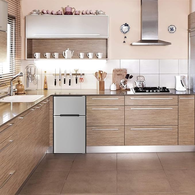 Antarctic Star Mini Compact Refrigerator, 3.2 Cu.Ft. Separate Freezer Double 2-Door Adjustable Removable Shelves For Basement/Apartment/Dorm/Office,GREY