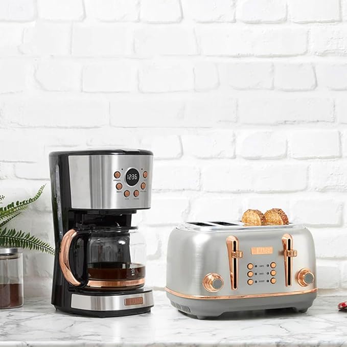 Haden Heritage 4 Slice Wide Slot Stainless Steel Toaster with Adjustable Browning Control & Non-Slip Feet, Steel & Copper