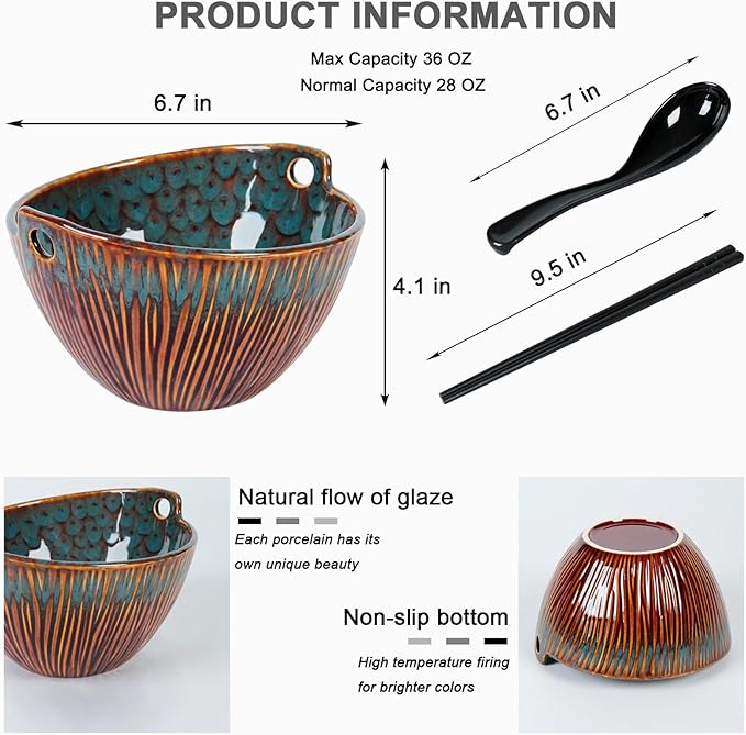 Ceramic Ramen Bowl with Chopsticks,6.7 Inch Noodle Bowls,Pho Bowls and Spoons Set,Japanese Bowl for Pho,Udon,Soba,Noodle,Microwave Safe,Set of 2(Peacock Green)