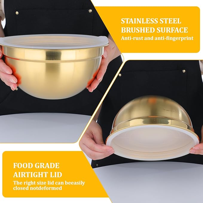 SHENLIU 7 Pcs Gold Mixing Bowls with Airtight Lids, Stainless Steel Mixing Bowls Metal Nesting Organizers for Baking, Prepping and Serving Food, Non-slip Bottom Size 7, 3.6, 2.7, 2.1, 1.5, 1.1, 0.8Qt