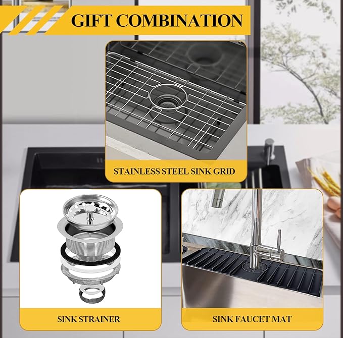 Black Kitchen Sink, Undermount Stainless Steel Bar Sink 30x18x9 Inch Drop In Single Bowl Kitchen Sink With Accessories-Sink Grid,Silicon Faucet Mat,Drain Assembly Set For Modern Kitchen Sink