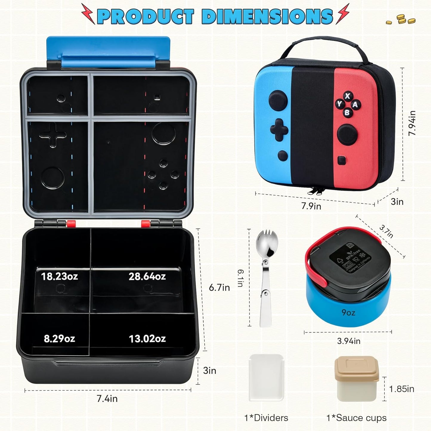 Game Lunch Box for Kids with Thermo, 9 OZ Stainless Food Jar & Insulated Lunch Bag, BPA-Free Kids Lunch Bento Box with Sauce Cup, Leakproof Lunch Box Set for Boys & Girs, School, Travel