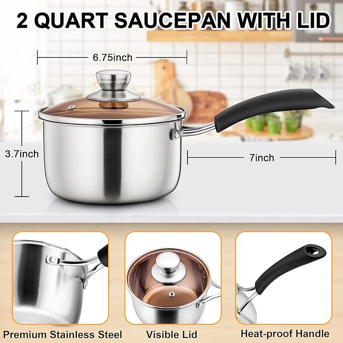 LIANYU 2QT Saucepan with Lid, 2 Quart Stainless Steel Sauce Pan, Small Pot Soup Milk Pan for Home Kitchen Restaurant, Long Heatproof Handle, Dishwasher Safe