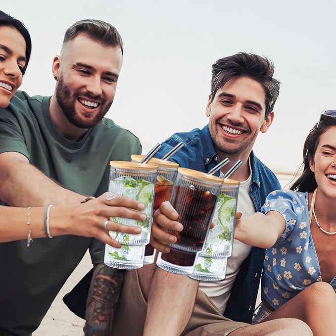 16OZ Ribbed Glass Cups with Lids and Straws,Iced Coffee Cups with Lid,Vintage Glassware for Whiskey Cocktail Beer Fruit Juice Glasses Tumbler(1Pack)