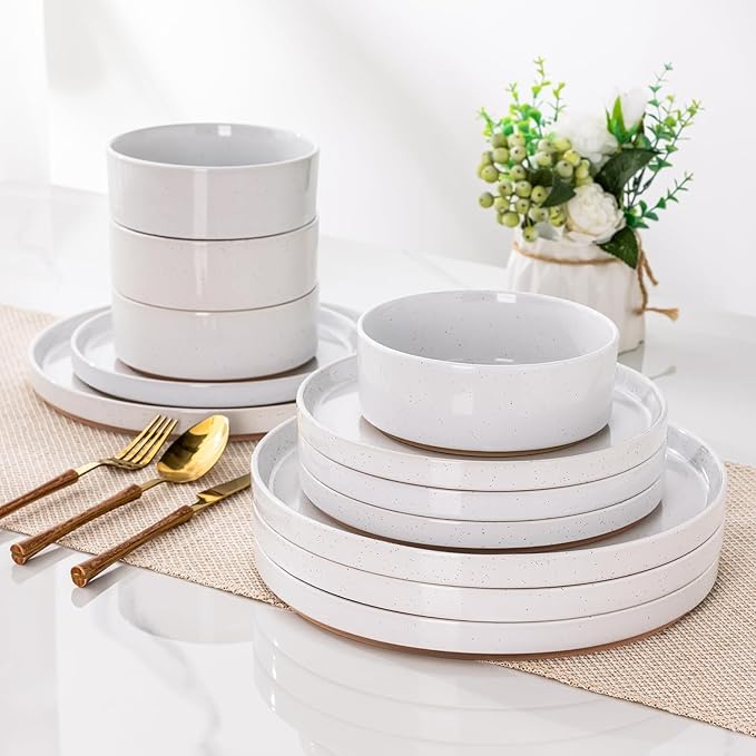 AmorArc Ceramic Dinnerware Set for 6 | Speckled Stoneware Plates and Bowls with Rustic Terracotta Underside| Scratch Resistant,Dishwasher & Microwave Safe Dishes Sets- 18pcs White