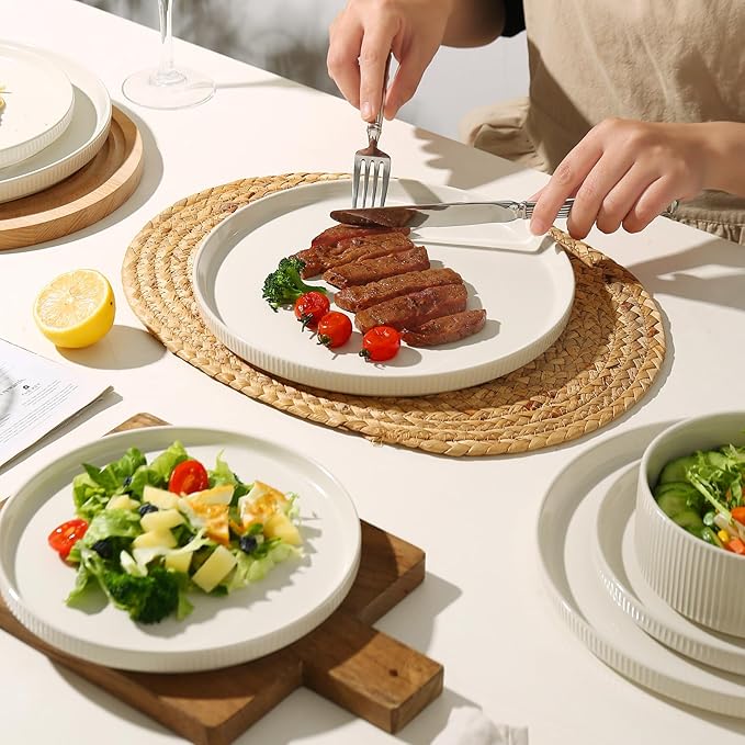 MONITO Ceramic Plates and Bowls Sets for 4, 12PCS Stoneware Dinnerware Sets, Reactive Glaze Dish Set, Chip and Scratch Resistant Double, Microwave and Dishwasher Safe,White