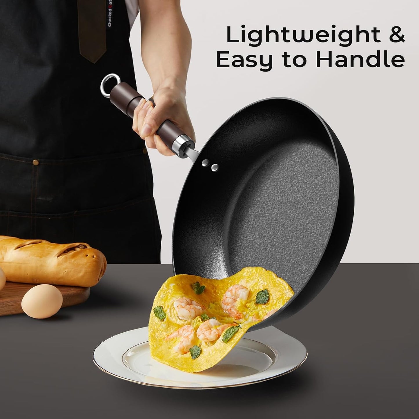 Carbon Steel Frying Pan, Pre-Seasoned 11-Inch Cooking Skillet Wooden Handle, PFAS & PFOA-Free, Nitrided Black Fry Pan for Kitchen, Camping, Chef Use