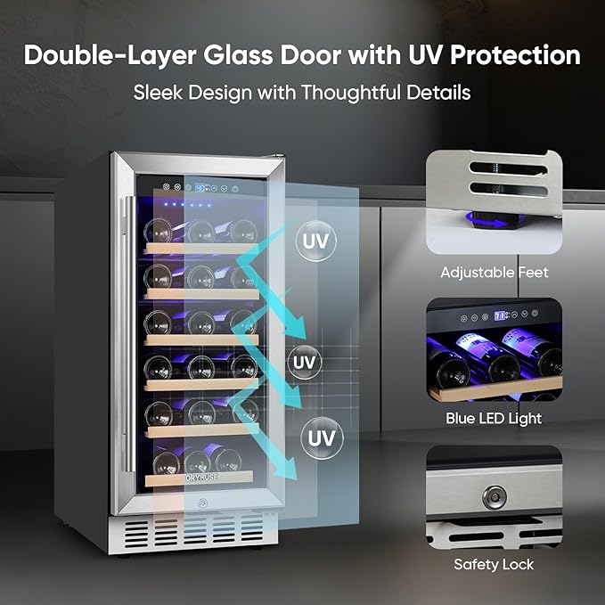 15 Inch Wine Cooler Under Counter, 30 Bottle Wine Fridge with Stainless Steel Glass Door, Built-In or Freestanding Wine Cellar with Removable Shelves and Digital Temperature Control