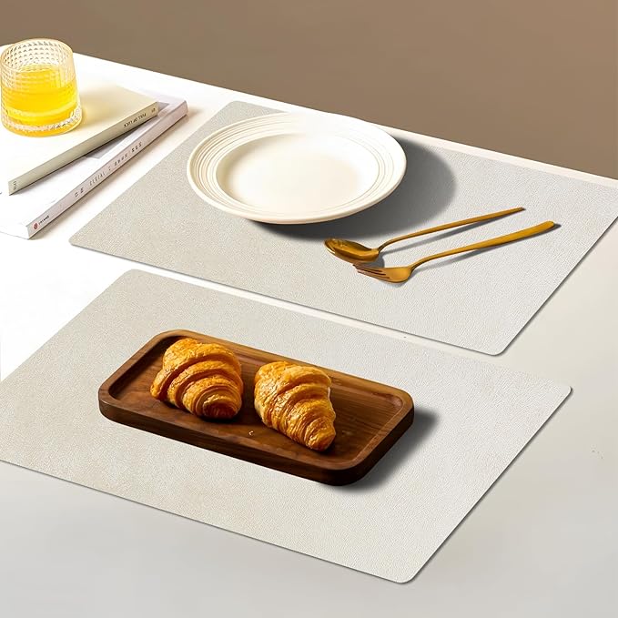 Vinyl Placemats Set of 6-12×17.7 Inch Waterproof & Heattable Placemats, Fall Faux Leather Wipeable Outdoor Table Mat for Dining, Kitchen, Indoor Outdoor Use (Gold/Silver, Brushed Metal