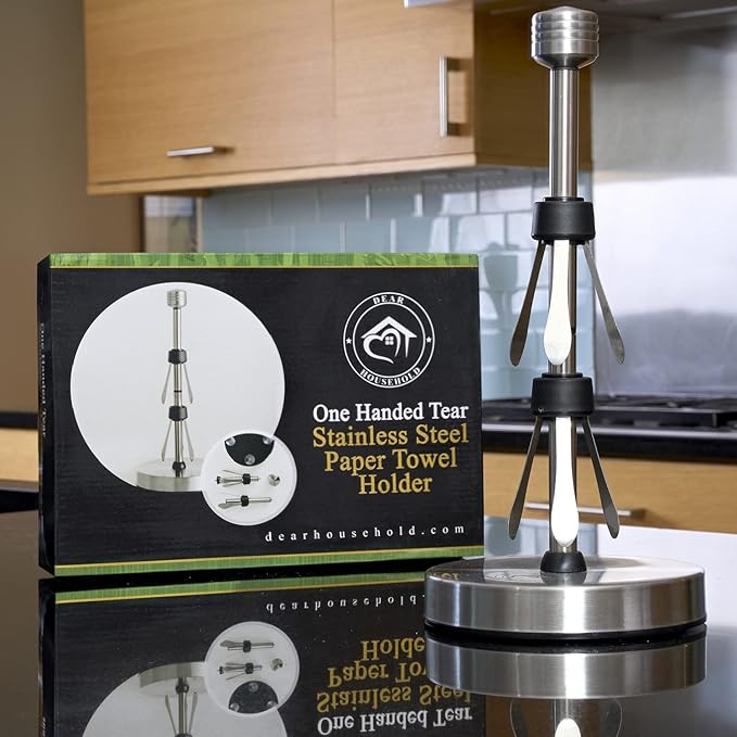 Stainless Steel Paper Towel Holder Designed for Easy One-Handed Operation - This Sturdy Weighted Paper Towel Dispenser Countertop Model Has Suction Cups and Holds All Paper Towel Rolls