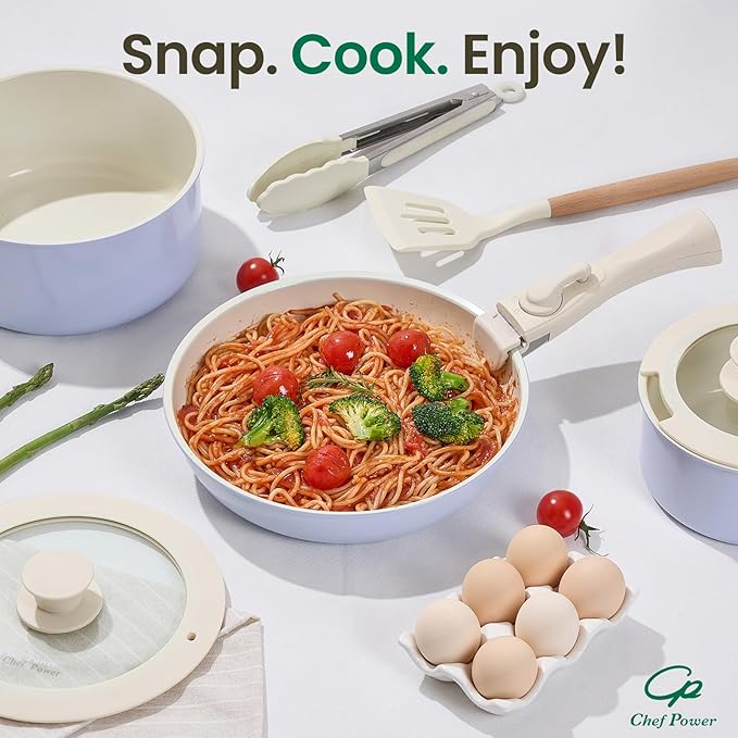 Chef Power Ceramic Nonstick Pots and Pans Set 19 Piece with Detachable Handle, Induction Dishwasher Oven Safe Cookware Set, RV Kitchen Set Removable Handle (Light Purple)