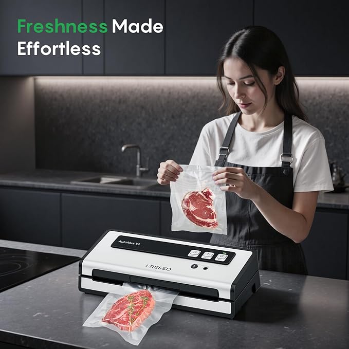 FRESKO Automatic Vacuum Sealer for Food with 95 kPa Powerful Suction, Compact Food Sealer machine Starter Kit with 10 Vacuum Bags for Dry/Moist Food, Sous Vide, Meal Prep