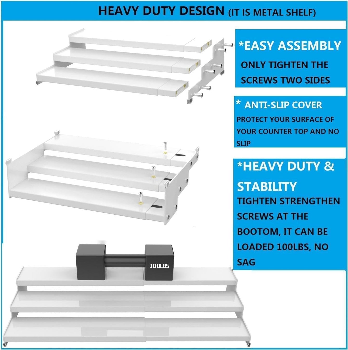 Expandable Spice Rack Storage organizer with 3-Tier step shelf cabinet,seasoning racks organizion.Great for Kitchen countertop shelves,Pantry and more(1Pack/White)