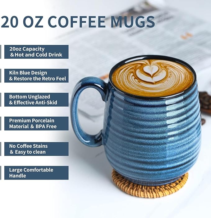 20 oz Stoneware Coffee Mugs, Large Ceramic Coffee Cups Set of 2 for Tea Soup Cereal Cocoa, Pottery Mugs for Office and Home, Unique Latte Cups for Men/Women Gift, Blue