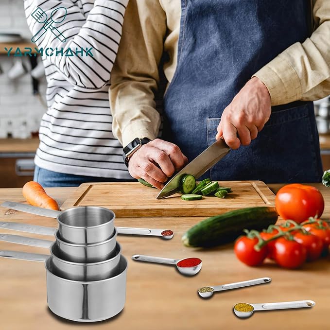 Stainless Steel Measuring Cups and Spoons Set, 8 Piece Essential Kitchen Tools, Measuring Kitchen Gadgets with Good Grips for Spice Jar, Liquid & Dry Ingredients, Pet Food, Coffee Scoop