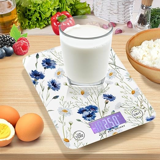 Food Scale Kitchen Digital Scale Food Ounces and Grams Dieting Baking Cooking Waterproof Glass Panels LCD Display,4 Units Scale Tare Function Daisy White