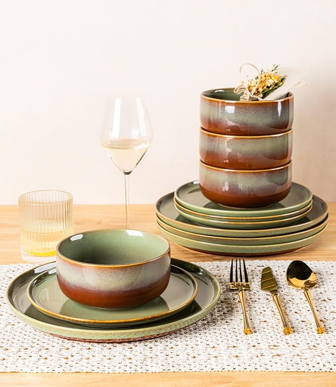 TheTerra Ceramic Dinnerware Sets, Handmade Reactive Glaze Plates and Bowls Set, Scratch Resistant Dish Set, Oven & Microwave & Dishwasher Safe, Service for 6, Brown Green