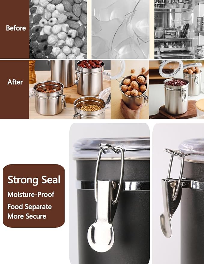 Stainless Steel Food Container with Clear Lids Airtight Container Stackable Small Canisters Kitchen Pantry Storage for Cereal, Snacks, Candy, Herbs, Spices, Sugar, Tea (1.8L Dark Black-2)