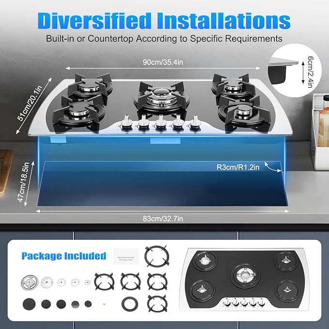 36 inch Gas Cooktop, 5 Burners Built-in Gas Stove with Push-button Rotary Switch, NG/LPG Convertible Cooktop for Home, Kitchen, Apartments and RV (36 inch)