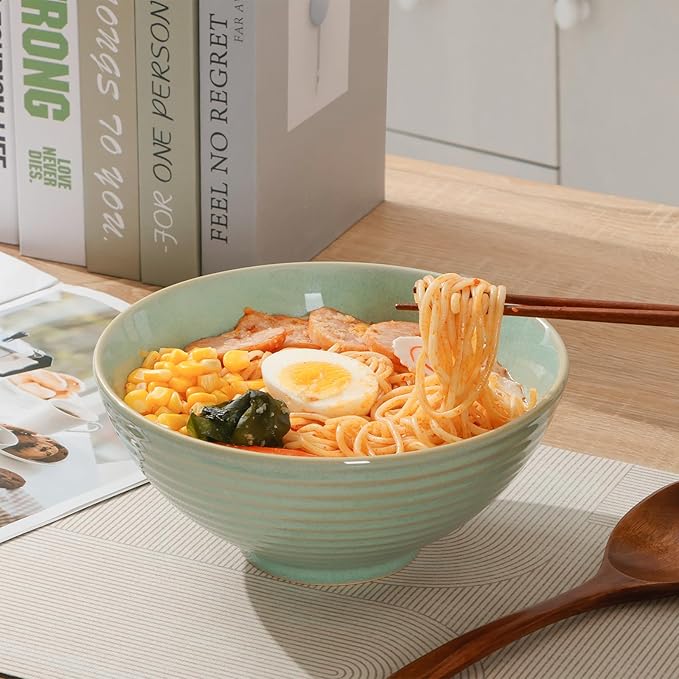 NUTRIUPS Set of 2 Ceramic Ramen Bowls with Spoons & Chopsticks, 40oz Large Soup Bowls for Udon, Miso, Noodles (Mossy Glaze)
