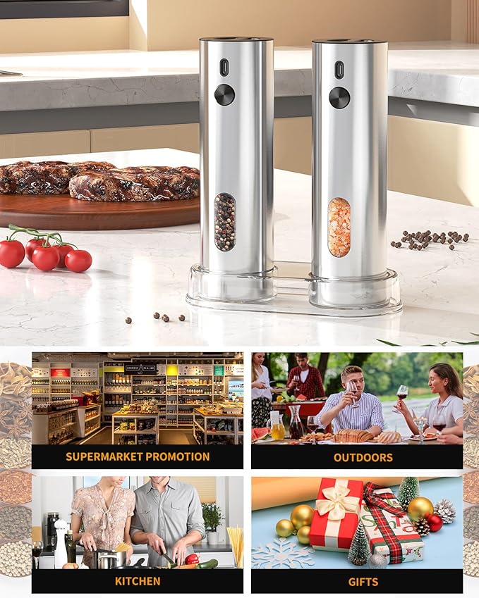 CIRCLE JOY Rechargeable Electric Salt and Pepper Grinder Set with Base, Automatic Stainless Steel Pepper Mill Grinders with 110ml Container, Adjustable Coarseness and White LED Light, Silver