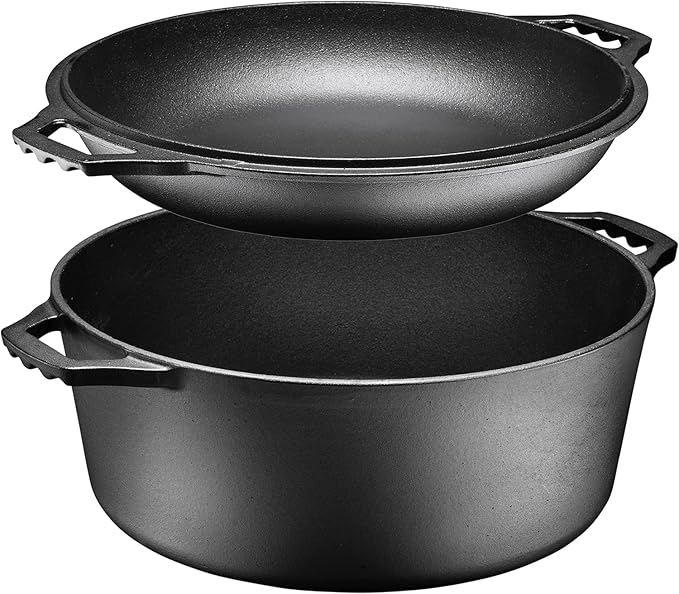 Bruntmor Pre-Seasoned Cast Iron Double Dutch Oven with Skillet Lid - 7 Quart All-in-One Casserole and Braising Pan - Heavy Duty and Oven Safe Black Cookware for Versatile Cooking - 14.7 x 6.9 Inches