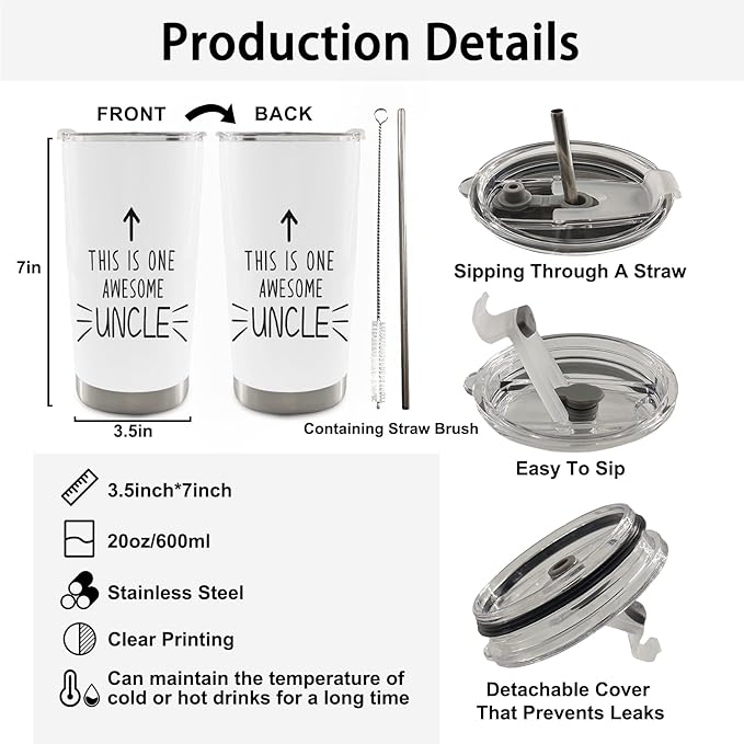 QASHWEY Uncle Gifts Coffee Tumbler 20 oz, BestUncle Travel Tumbler Coffee Mug Gifts for Uncles, UncleGifts from Niece Nephew, This is One Awesome Uncle Stainless Steel Tumblers with Straw and Lid