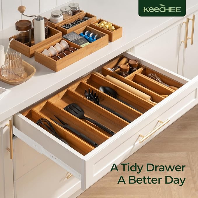 Carbonized Bamboo Kitchen Drawer Organizer, 5 Slots Expandable Silverware Organizer, Utensil Holder & Cutlery Tray, 2.2" Deep for Extra Capacity, Non-Slip Feet Included